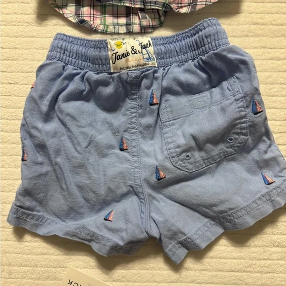 Janie and Jack Plaid Shirt, Blue Shorts, and Green Pants Set - Picture 3 of 7